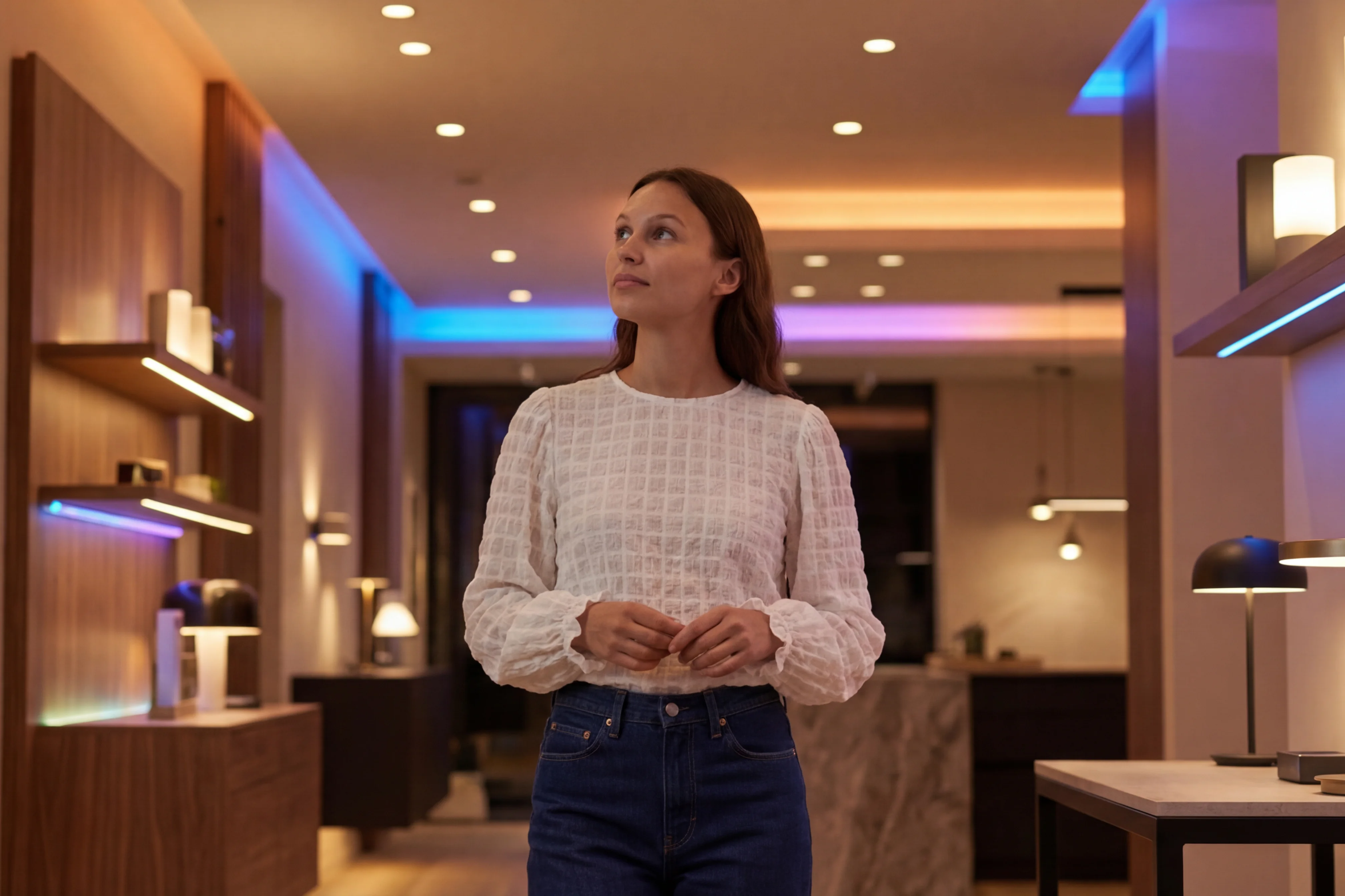 Vrouw in een moderne woning met sfeervolle LED-verlichting in plafonds, wanden en meubels