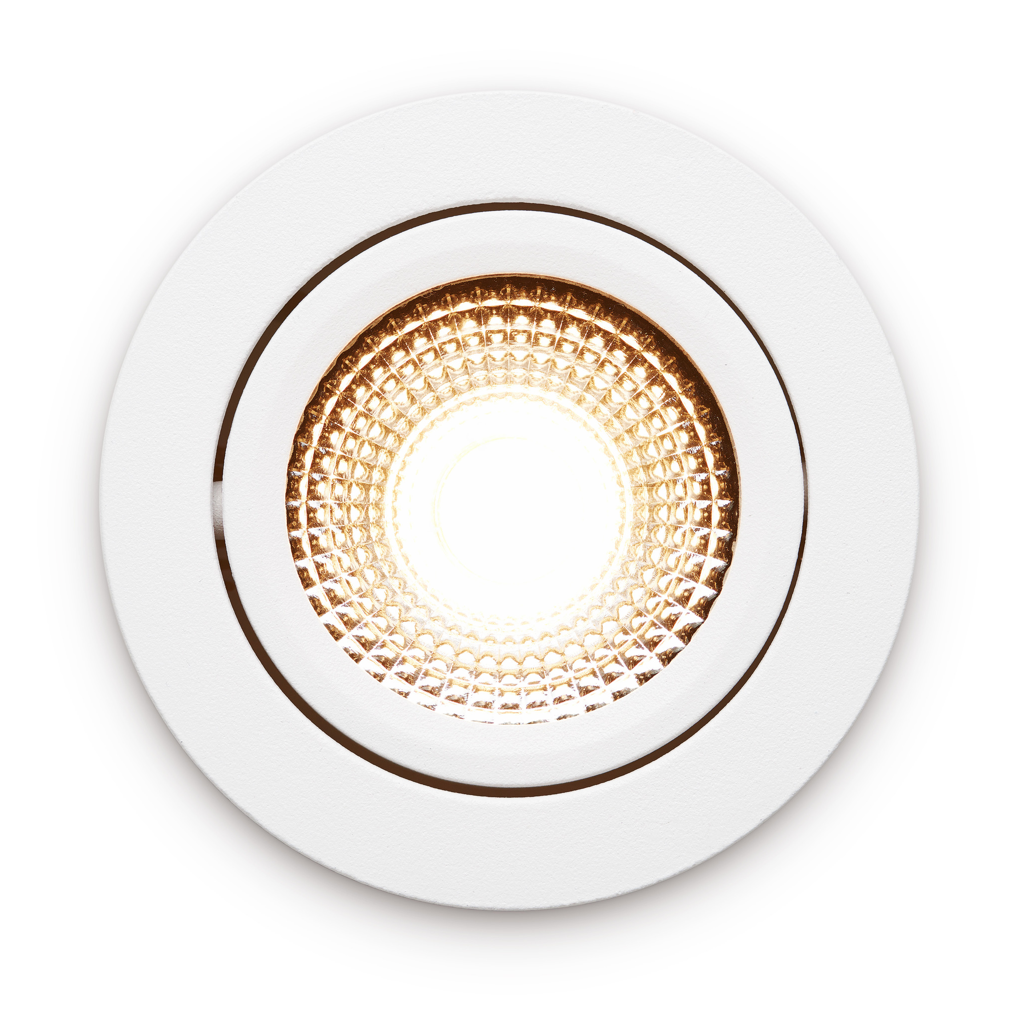 Frontaal lichtbeeld van LED-inbouwspot Vivaro 5W met 2700K extra warm wit licht en reflector