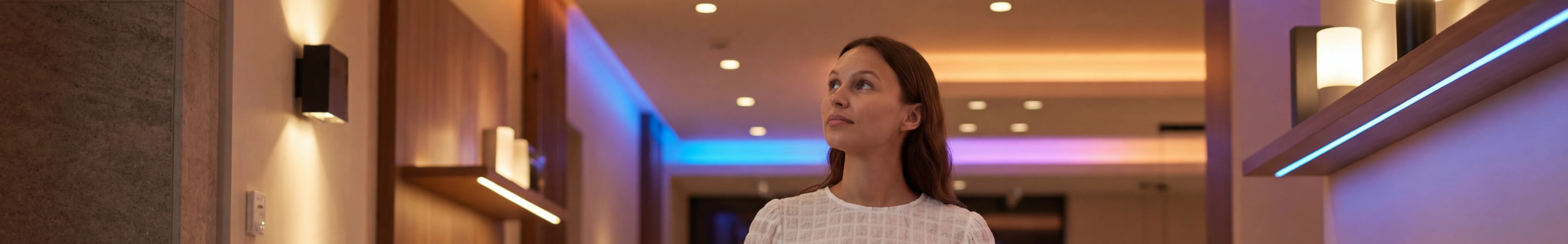 Vrouw in een moderne woning met sfeervolle LED-verlichting in plafonds, wanden en meubels