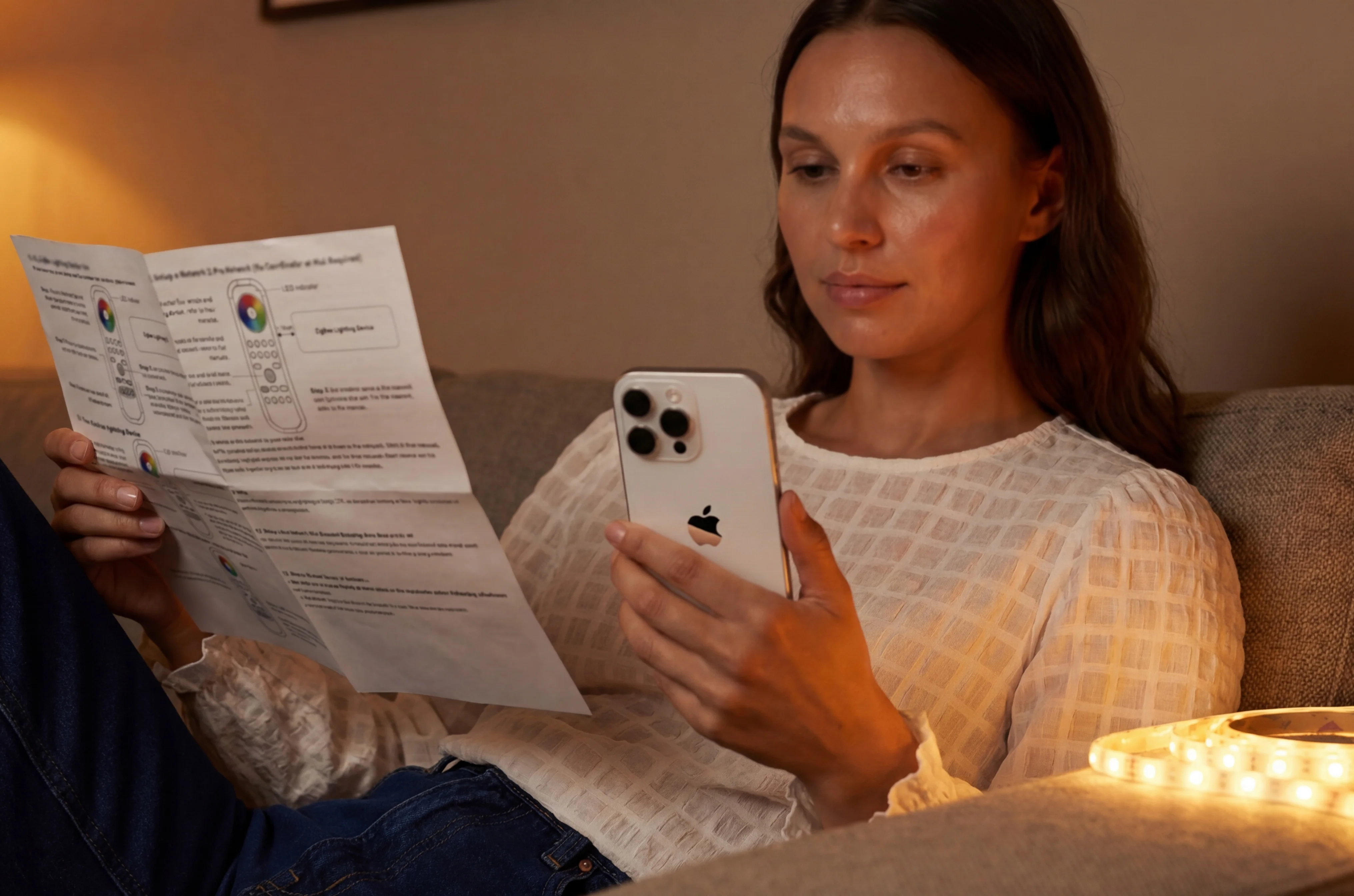 Vrouw zit op de bank en bedient LED-strip verlichting met haar smartphone terwijl ze een handleiding leest