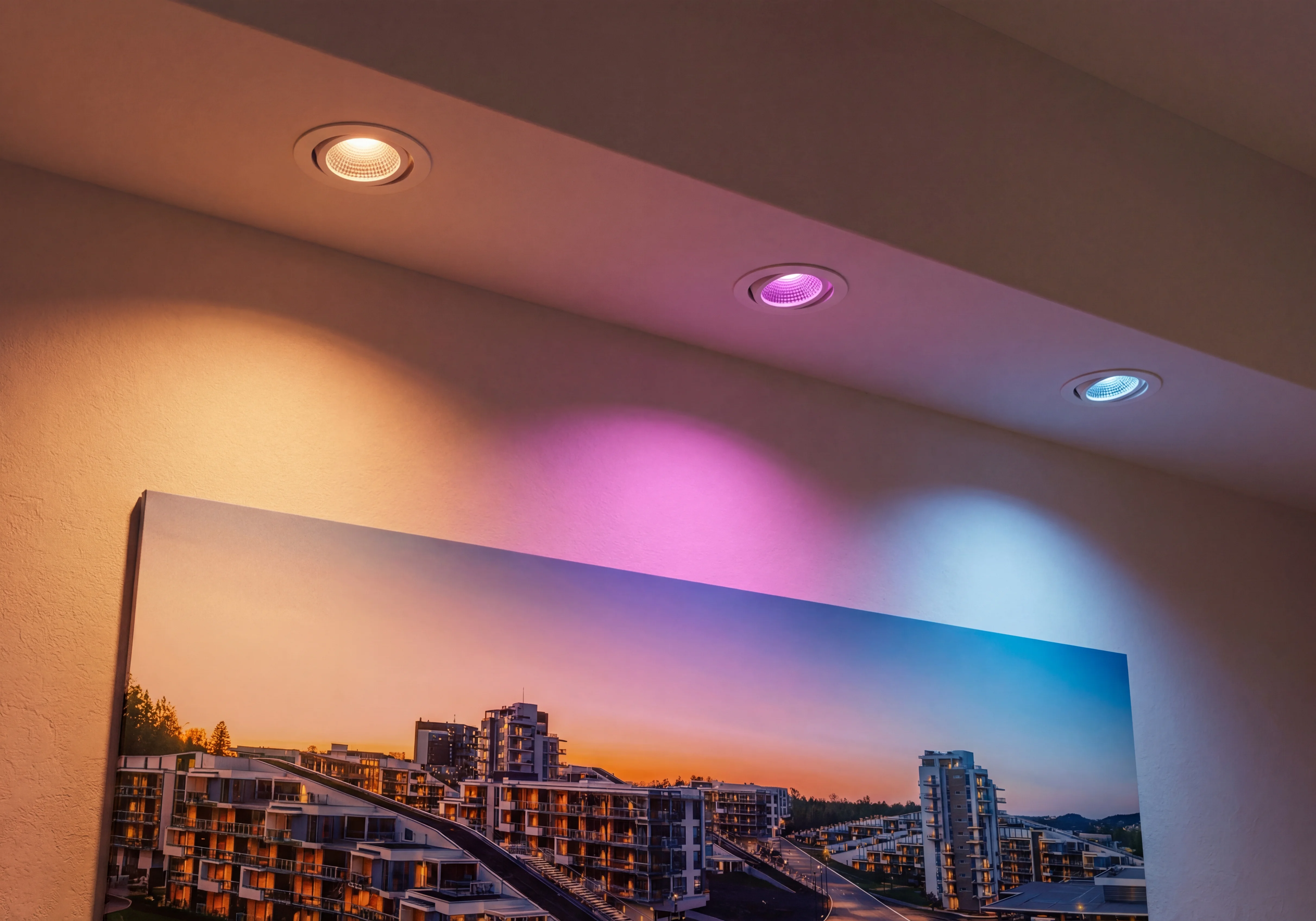 RGB LED-inbouwspots in het plafond die gekleurde sfeerverlichting geven boven een moderne wandafbeelding